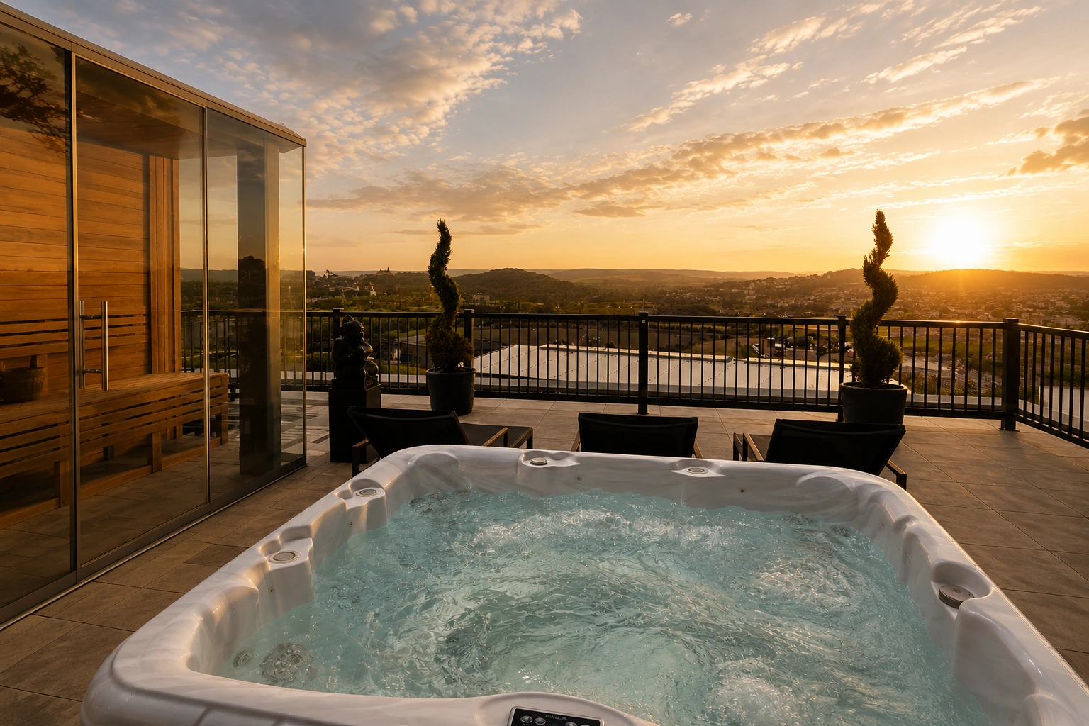Whirlpool auf der Dachterrasse im goldenen Abendlicht bei LUMA